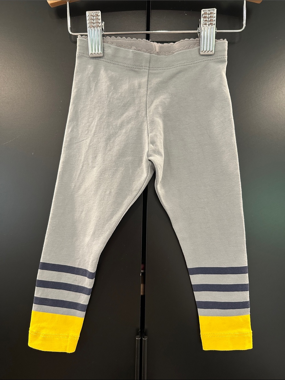 Tea Collection Gray Leggings with Navy Stripes and Yellow Cuffs